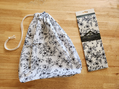 Black & White Floral Sourdough Bread Storage Set | XL Beeswax Wrap + Cotton Bread Bag | Keep Bread Fresh Longer