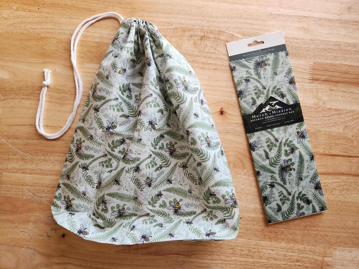 Ferns & Honeybees Sourdough Bread Storage Set | XL Beeswax Wrap + Cotton Bread Bag | Keep Bread Fresh Longer