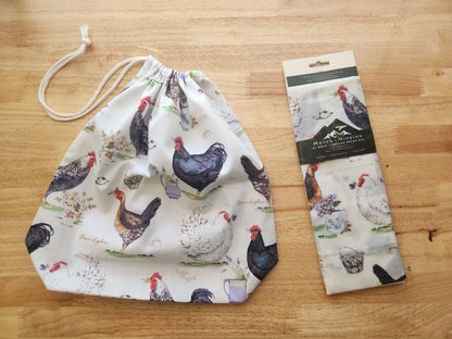 Farmhouse Chicken & Hen Sourdough Bread Storage Set | XL Beeswax Wrap + Cotton Bread Bag | Keep Bread Fresh Longer