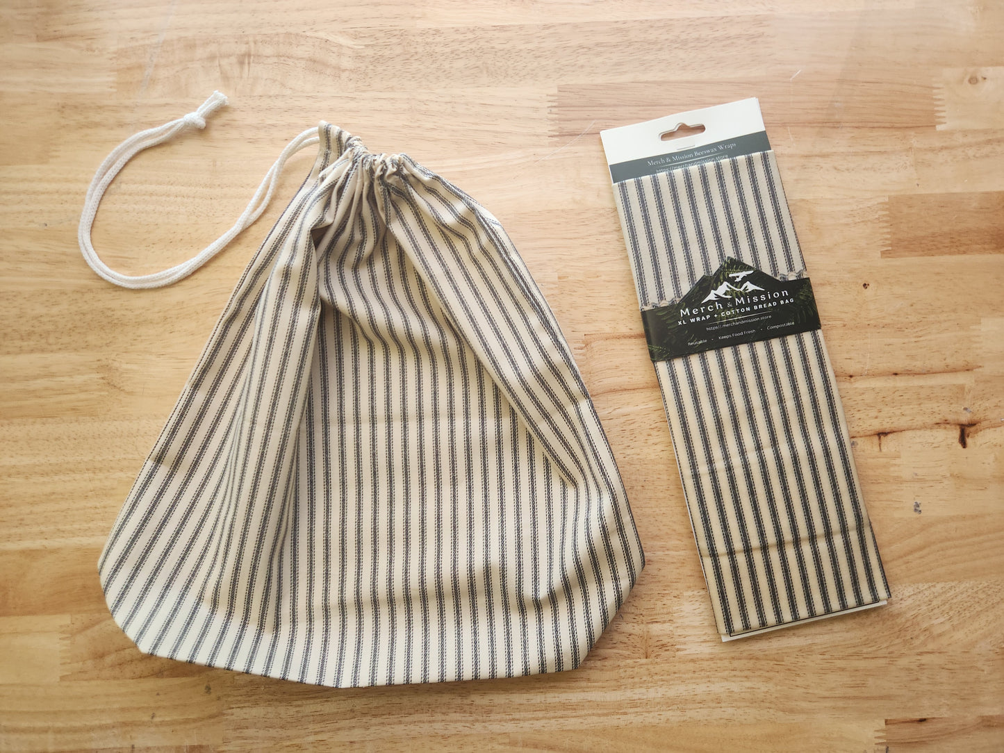 Farmhouse Ticking Sourdough Bread Storage Set | XL Beeswax Wrap + Cotton Bread Bag | Keep Bread Fresh Longer