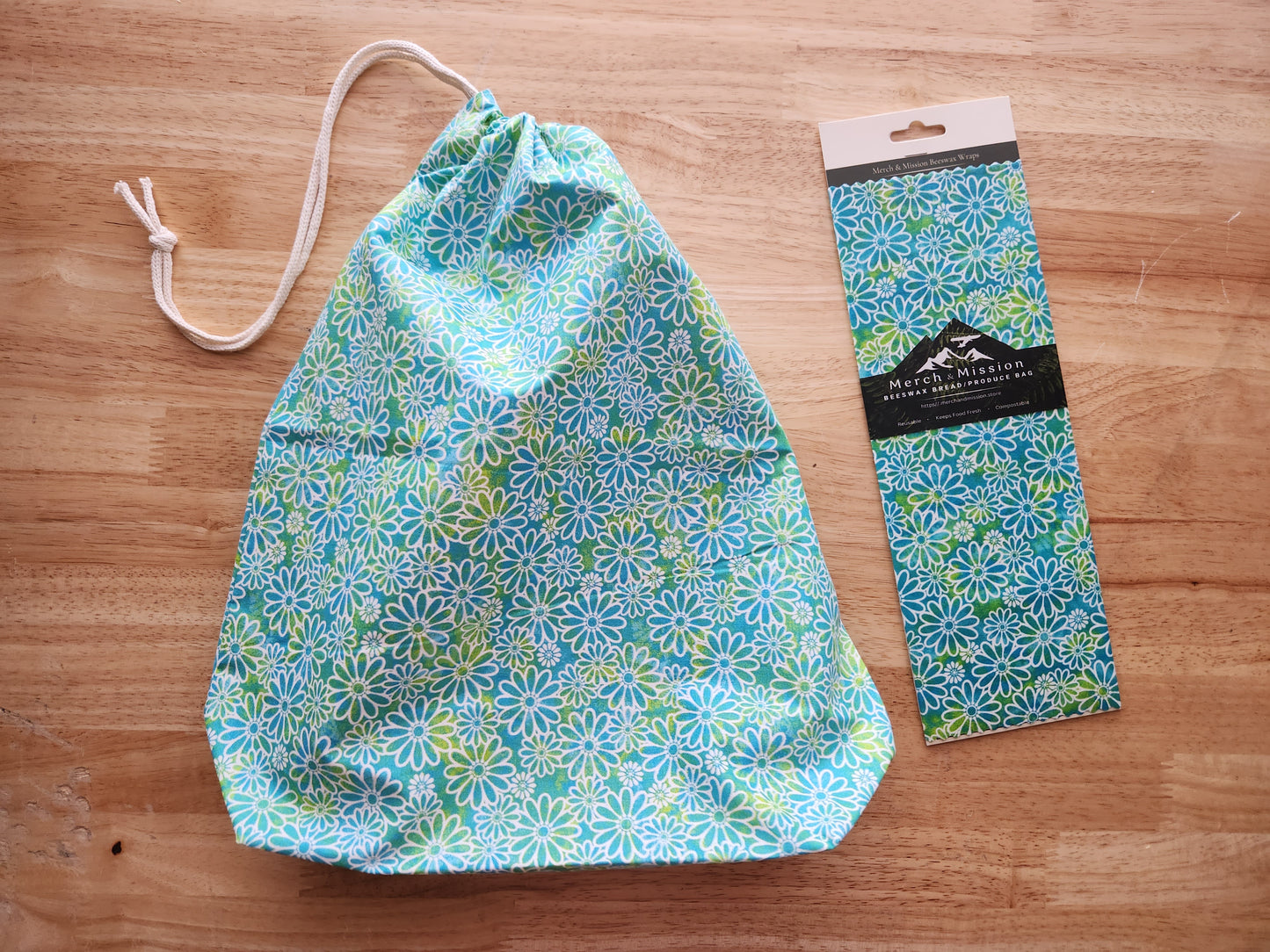 Blue Green Daisy Bloom Sourdough Bread Storage Set | XL Beeswax Wrap + Cotton Bread Bag | Keep Bread Fresh Longer