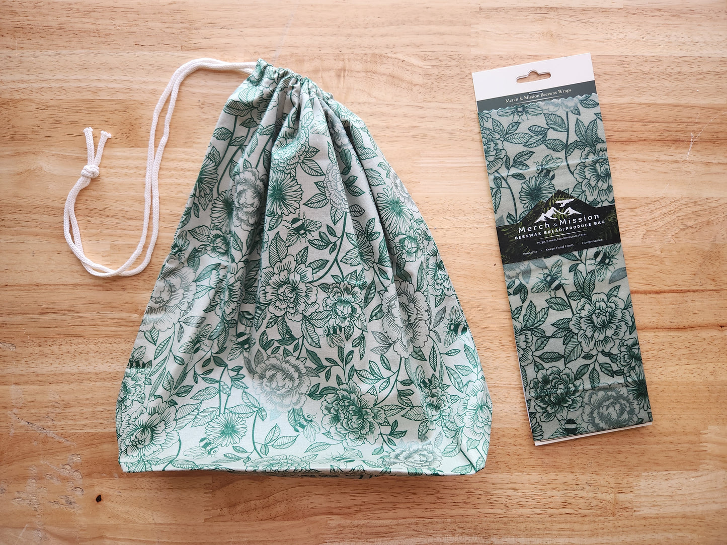 Honeybee Botanical Sourdough Bread Storage Set | XL Beeswax Wrap + Cotton Bread Bag | Keep Bread Fresh Longer