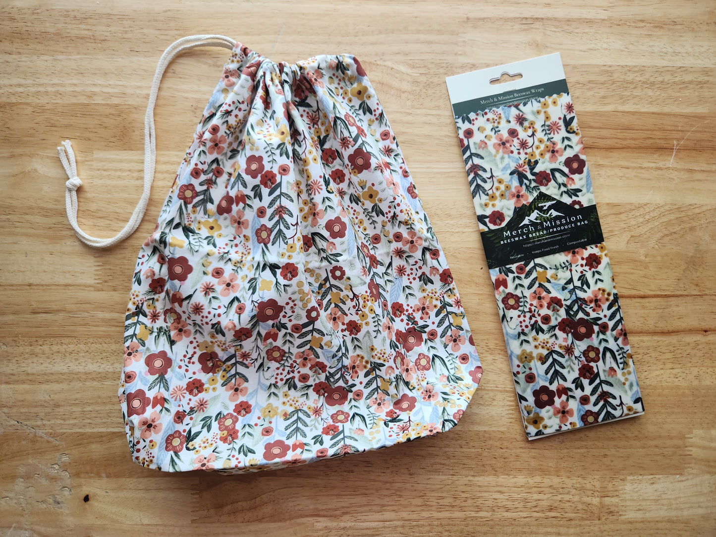 Rustic Wildflower Bloom Sourdough Bread Storage Set | XL Beeswax Wrap + Cotton Bread Bag | Keep Bread Fresh Longer
