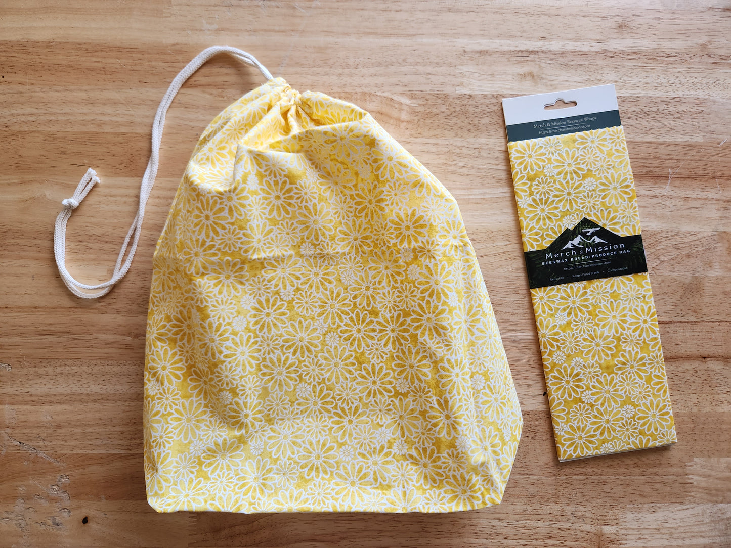 Yellow Daisy Bloom Sourdough Bread Storage Set | XL Beeswax Wrap + Cotton Bread Bag | Keep Bread Fresh Longer